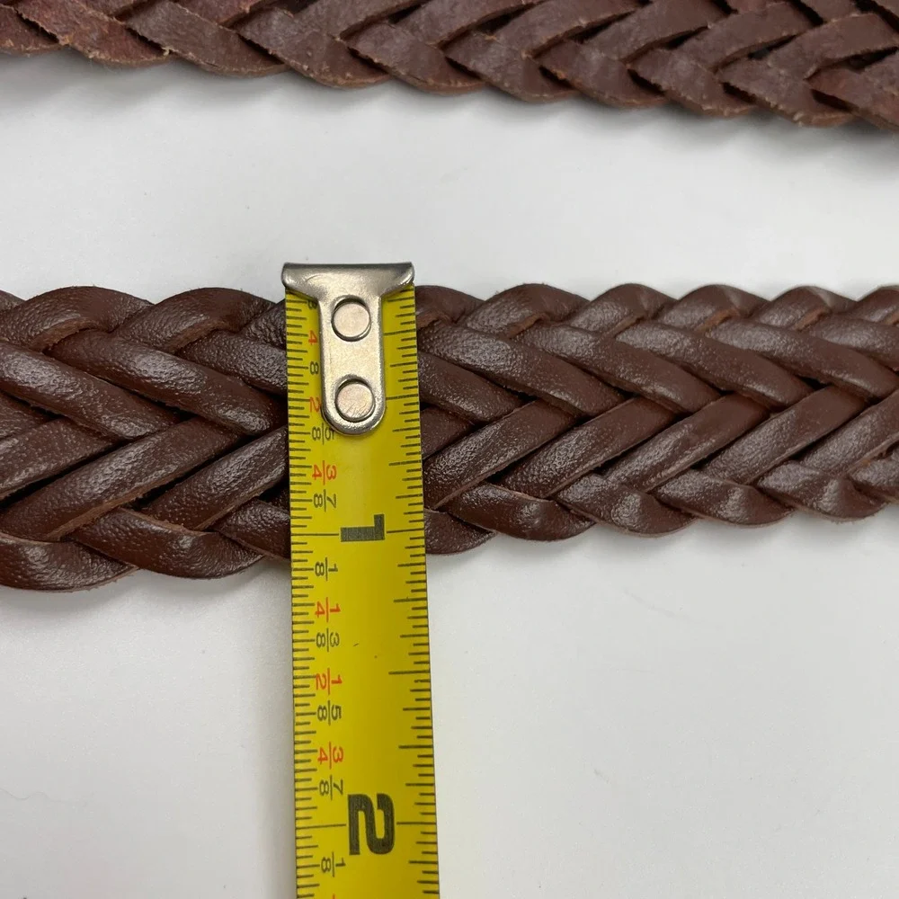 Mens Dark Brown Braided Leather Belt Gold Buckle Woven Casual Size 44/46 48 Inch